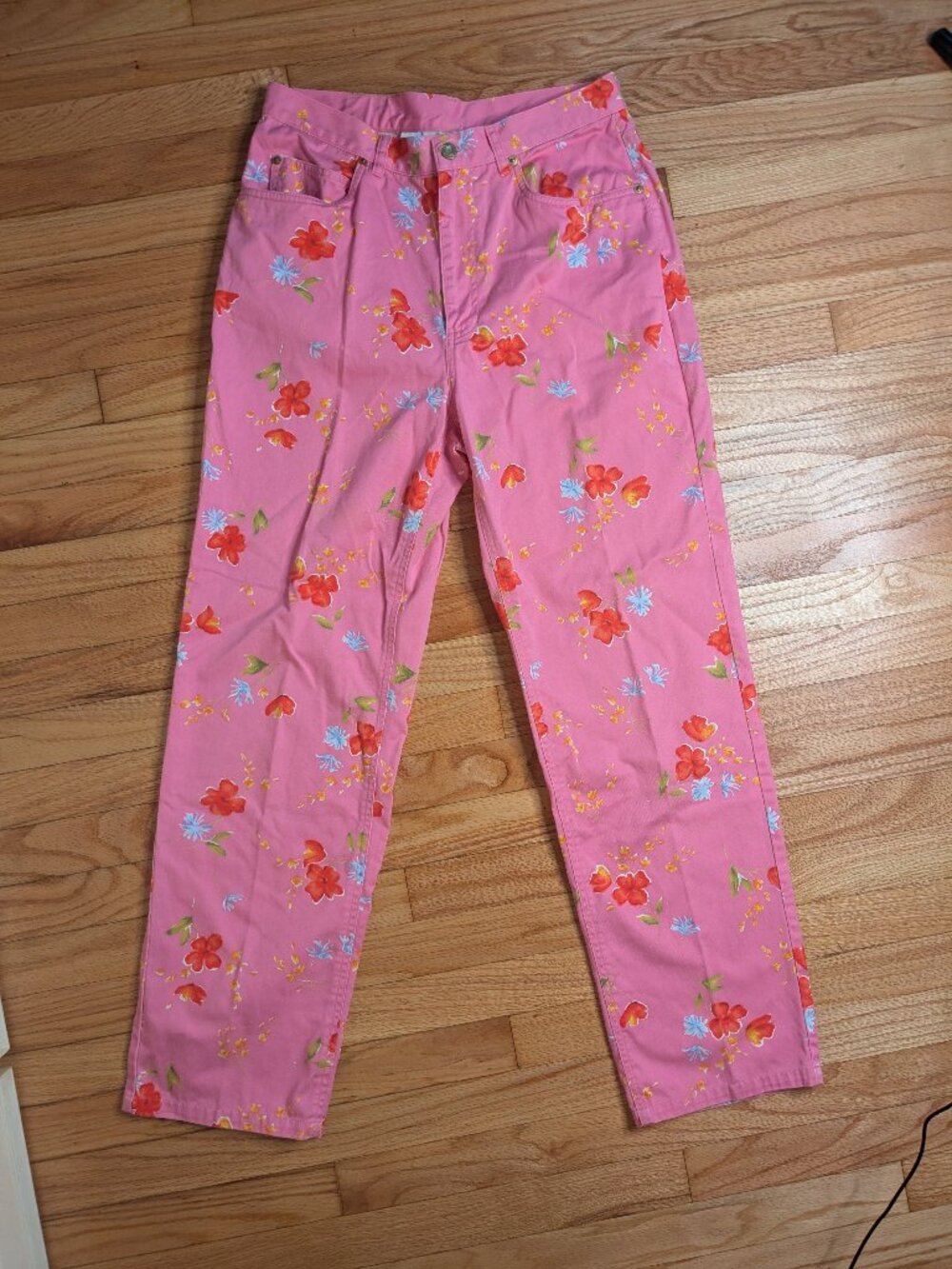 evan picone twill pants pink floral print 100% cotton sz 12 high waisted